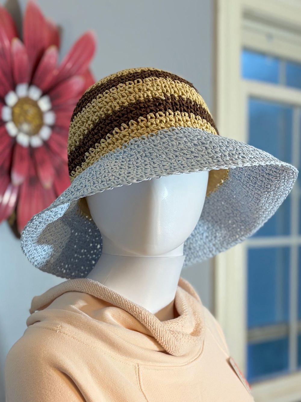 Anthropologie Striped Crochet Bucket Hat in Light Blue, Tan & Brown